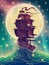 Ship with sails on the waves with water splashes in the sea or ocean over starry sky and moon light illustration in vector.