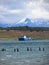 Ship, sea and mountains, puerto natales Patagonia, Chile. Andes mountains And nature in south america