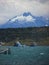 Ship, sea and mountains, puerto natales Patagonia, Chile. Andes mountains And nature in south america