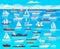 Ship in sea. Sailing boats and passenger cruise ship travel in ocean cargo submarine and yacht vector background cartoon