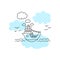 Ship in sea vector illustration with black line on white background. Cute ship in sea print for boy.