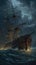 ship sea wave epic dark fantasy illustration art scary detailed poster oil painting apocalypse