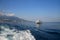 Ship in the sea on the waves. District of Yalta, Crimea, Black S