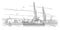 Ship in shipyard linear illustration.