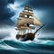 Ship in the stormy sea with huge Giant stormy waves in the ocean and Generated