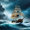 Ship in the stormy sea with huge Giant stormy waves in the ocean and Generated