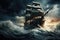 A ship struggles to navigate through turbulent waters during a fierce storm, A pirate ship sailing in rough seas with a storm