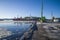 Ship turns around in the bay of halden harbor