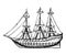 Ship vintage wooden with sails vector sketch. hand drawing isolated illustration on white background