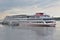 The ship Vissarion Belinsky on the pier on the Volga river embankment.