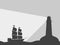 The ship on the water with a lighthouse. Black contour on a black background. Vector