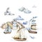 Ship watercolor.ship.children's dreams.dream.clouds, underwater world.Adventure.watercolor set of postcards