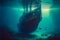 ship wrecked underwater, cinematic light