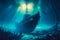 ship wrecked underwater, cinematic light