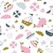 Ship, yacht, albatross, whale, lifebuoys, clouds, stars, anchor on a white background. Marine seamless pattern on a