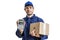 Shipment and package delivery concept. Young man holds cardboard box and payment terminal.
