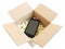 Shipping box with black smartphone