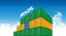 Shipping cargo container Brazil flag for logistics and transportation with clouds