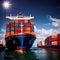 Shipping container vessel stacked with cargo containers used for transport of goods international across ocean