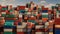 Shipping containers stacked at a bustling port, illustrating the movement of goods across international borders in the global