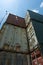 Shipping containers stacked disused