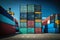 Shipping containers stacked high against a clear blue sky with a bustling port in the background