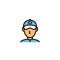 Shipping courier man icon. delivery worker wearing hat symbol. simple clean thin outline style design.