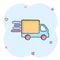 Shipping fast icon in comic style. Delivery truck cartoon vector illustration on isolated background. Express logistic splash