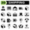 Shipping and logistic icon set include man, delivery, holding, service, courier, customer, bar code, tracking, order, bar, code,