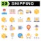 Shipping and logistic icon set include man, delivery, holding, service, courier, customer, bar code, tracking, order, bar, code,