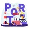Shipping Port Concept. Harbor Crane Loading Containers, Seaport Workers Carry Boxes from Truck in Docks near Lighthouse