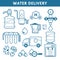 Shipping and transportation, water delivery isolated outline icons