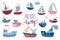 Ships and boats collection vector illustration, different elements doodle style