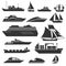 Ships and boats icons. Barge, cruise ship, shipping fishing boat vector signs