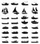 Ships and boats set. Barge and cargo ship, tanker, sailing vessel, cruise liner, tugboat, fishing and speed boat