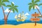Ships in bottle ocean tropical taxi service vector illustration. Boat with large light cartoon sails, transportation by
