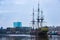 Ships on the canals in Amsterdam. City landscape. Winter season