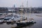 Ships on the canals in Amsterdam. City landscape. Winter season