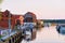 Ships at embankment Dane River in Old town of Klaipeda in Lithuania, Eastern European country on the Baltic sea