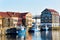 Ships at embankment of Dane River in Old town of Klaipeda in Lithuania, Eastern European country on the Baltic sea