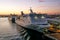 Ships and ferries in the port of La Gullet in Tunisia at sunset