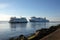 Ships leaving the harbor as seen from the western breakwater. Swinoujscie, Poland