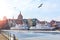 Ships in the Motlawa and the domes of the churches, Gdansk, Poland
