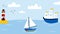 Ships in sea background. Cartoon hand drawn colorful sail childish horizontal backdrop, water transport, sailing yacht, sailboat