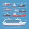 Ships vector boats or cruise travelling in ocean or sea and shipping transportation illustration marine set of nautical