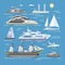 Ships vector boats or cruise travelling in ocean or sea and shipping transportation illustration marine set of nautical