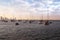 Ships, yachts, fishing boats, blue sky background, sunset, cloud