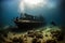 shipwreck being explored by diver, with treasure revealed in the shadows