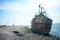 Shipwreck boat landscape and highway along the coast of paracas peru