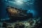 Shipwreck explorer- scuba diver standing on a wreck in underwater photography, unveiling a vivid and mysterious ambiance,